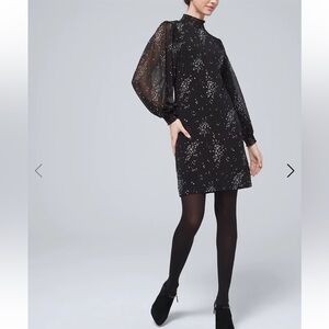 White House Black Market Celestial Stars Shift Dress; Balloon Chiffon Sleeves